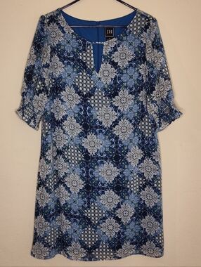 Jessica Howard Blue and White Patterned Midi Shift Dress Sz 18